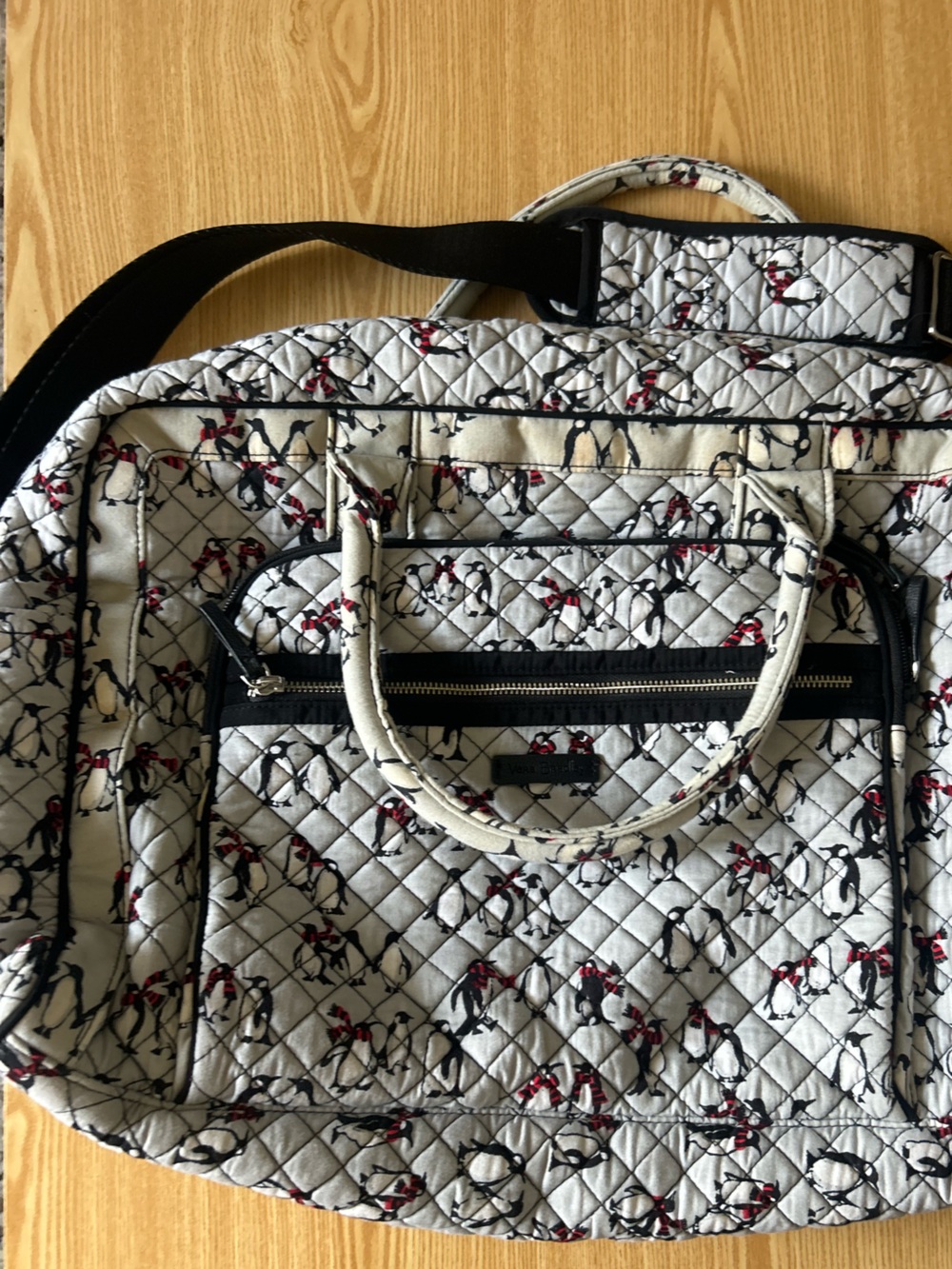 Vera Bradley Penguin Quilted Cream Travel Tote with Black Trim Large